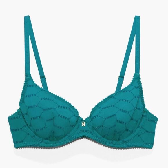 Savage X Fenty Shimmer Flocked Logo Unlined Bra Deep Teal Green 38C - Picture 3 of 5